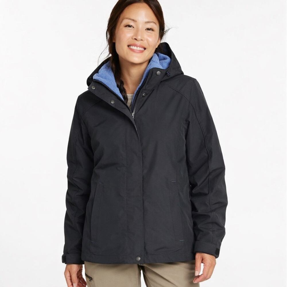 L.L. Bean 2 in 1 Black Hooded Coat and Blue Fleece Jacket Winter Outdoors